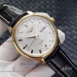 Perfect Replica Longines White Face Yellow Gold Case Black Leather Strap 42mm Men's Watch